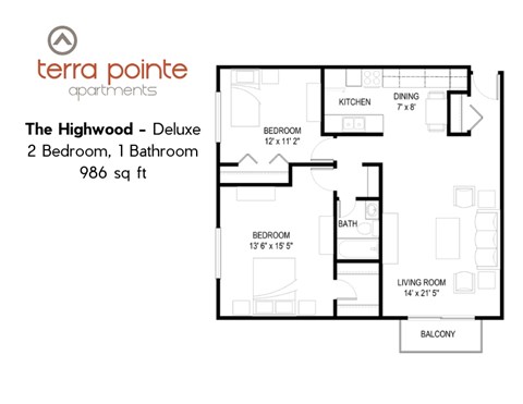 A floor plan for a 986 square foot apartment with two bedrooms and one bathroom.